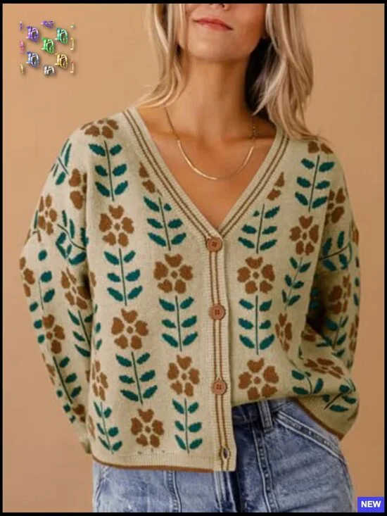 Floral Print V-Neck Cardigan Button Down Knit Sweater Loose Fit Long Sleeve - Picture 2 of 7